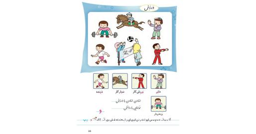 در کل شش کتاب فارسی دوره ابتدایی، کلا دو تصویر ورزشی وجود دارد؛ یکی مربوط به کتاب فارسی سال اول دبستان که در درس ۹، شش موقعیت ورزشی نشان داده شده‌اند که پنج مورد مرد هستند و یک مورد دختر.