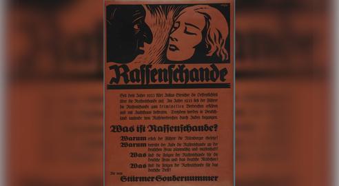 پوستر تبلیغاتی نازی‌ها در شماره ویژه روزنامه‌ «مهاجم» درباره «بی‌حرمتی نژادی»