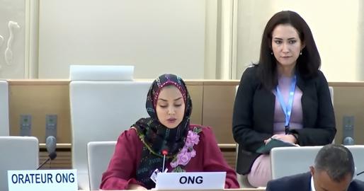 A woman, representing the Association for the Support of Social Victims, addressed the Human Rights Council, saying that the 2022 protests were a consequence of US sanctions.