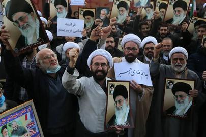 Protesters gathered outside the French Embassy in Tehran on January 8 after the publication of cartoons mocking Supreme Leader Ali Khamenei by French weekly Charlie Hebdo. (Fatemeh Bahrami, Anadolu Agency)