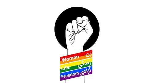 One of the protest slogans has been "Women, life, freedom!", here displayed with the rainbow colors