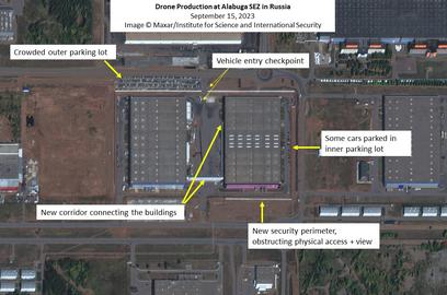 The Washington-based Institute for Science and International Security says satellite imagery shows progress in the construction of a factory in Russia that will mass produce Iranian-designed kamikaze drones