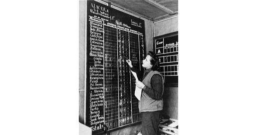 On a large blackboard an UNRRA official tallies the numbers and nationalities of displaced persons in camps in the Wardmanndorf area. There were 11 Iranian displaced persons in the camps at the time.  Klagenfurt, Austria. December, 1945