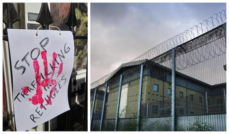 Left: A banner at a protest in central London against the planned Rwanda deportation on Wednesday. Right: Brook House, where many of the affected asylum seekers are being held