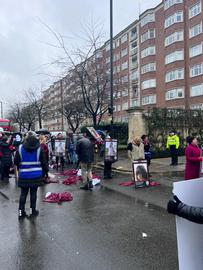 The demonstrators ended their Handmaids’ March in front of the Iranian Embassy in London, where threw their costumes on the ground and chanted "Woman, Life, Freedom!"