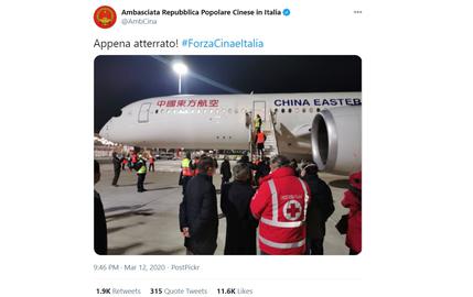 The embassy's hashtag #forzacinaeitalia (“Italy and China go”) was widely shared by social media accounts that Italian data analysts later surmised were Chinese bots
