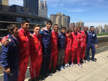 Iranian and American wrestlers in New York before their friendly competition in Times Square