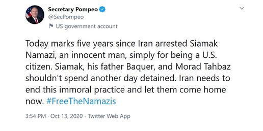 As Namazi began a sixth year in prison, US Secretary of State Mike Pompeo tweeted  about his case, suggesting a prisoner exchange could be possible