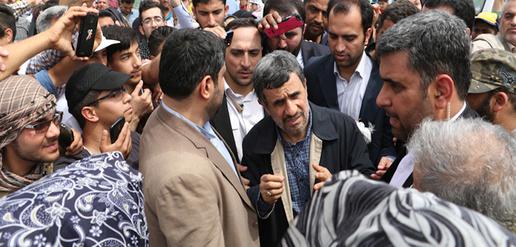 Former president Mahmoud Ahmadinejad greets crowds in Shalamcheh