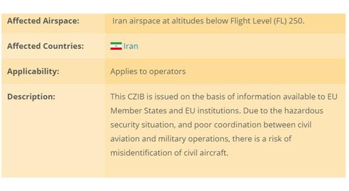 The EASA's warning was posted as part of its Conflict Zones advisory.