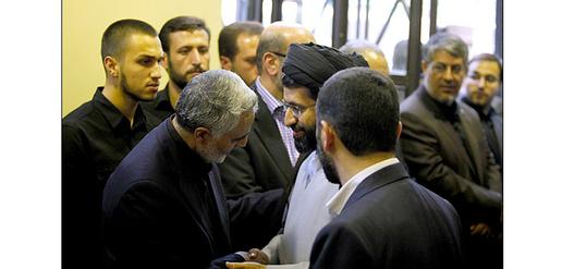 At the wake for Ghassem Suleimani's mother. Suleimani shakes the hand of Mujtaba Khamenei, the Supreme Leader's son