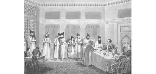 The signing ceremony for the Treaty of Turkmenchai, which ended the Russo-Persian War of 1826-28.