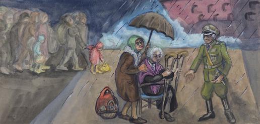 یک افسر لهستانی به کمک ایرنا و مادرش در Krasnovodsk ( قسمتی از دریای خزر ) آمد. نقاشی از Irena Fromowicz-Pisek
