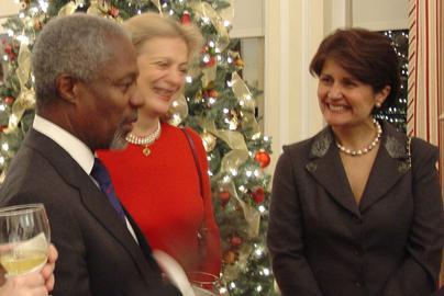 Ameri, pictured here with former United Nations Secretary-General Kofi Annan, was appointed US representative to the UN by President Bush