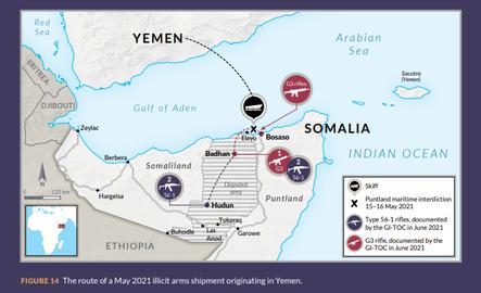 این نقشه مسیر قاچاق سلاح از یمن به سومالی و درگیر شدن اتیوپی با این وضعیت را نشان می‌دهد