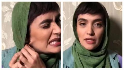 Actress Mitra Hajjar demonstrates how her ears were taped back so that they would not show from under her scarf