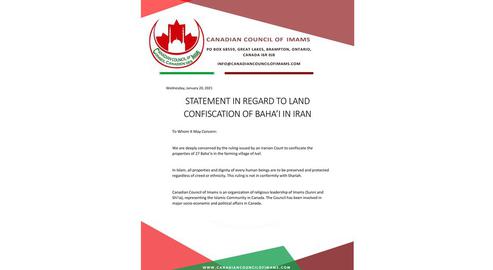The Council of Imams of Canada "expressed grave concern" over the confiscation of Baha'i property in Iran