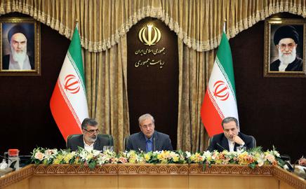 From left: Behrouz Kamalvandi, spokesman for Iran’s Atomic Energy Organization, Ali Rabiei, a spokesman for the government, and Deputy Foreign Minister Abbas Araghchi at Sunday’s news conference