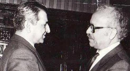 Ali Khavari and Babrak Karmal, then-president of Afghanistan (left), in Kabul in 1983