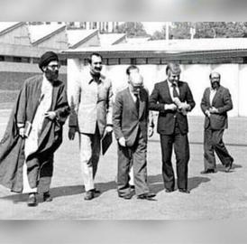 Amir Entezam, second from right, in 1980 when he was the Iranian government's spokesman, with today's Supreme Leader Ayatollah Khamenei, first from left