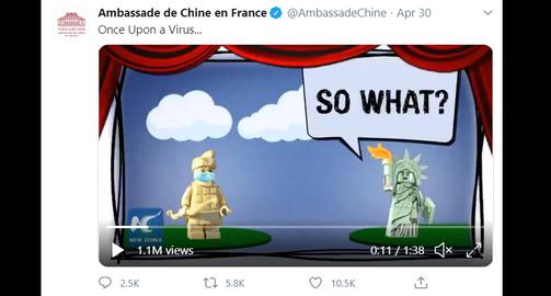 A video published yesterday by the Chinese embassy in France mocked the US response to the virus.
