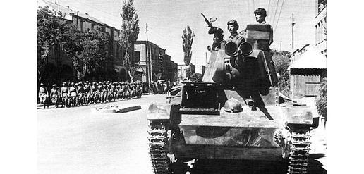 A Soviet tank in Tabriz. At the end of the Second World War, Stalin refused to remove troops from Iran's north unless Iran agreed to an oil concession.