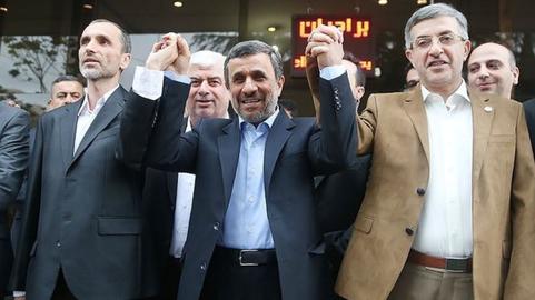 Mahmoud Ahmadinejad and his former vice president Hamid Baghaei (left) after registering as presidential candidates