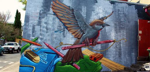 A Sydney painting of a nightingale bird blocking access to teaching tools by Krimsone and Scott Nagy
