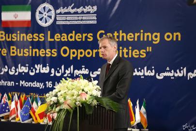 The new UK ambassador to Iran, Rob Macaire, addressed the Tehran audience made up of business leaders