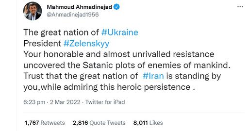 Ex-President Mahmoud Ahmadinejad is among the Iranians not convinced by the Kremlin and Iranian regime's anti-Ukraine propaganda