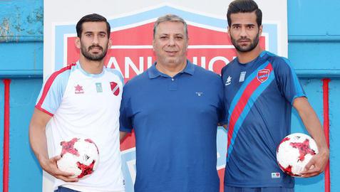 Michalis Grigoriou, Head Coach of the Greek football team Panionios of Athens with Iranian Footballers Masoud Shojaei and Ehsan Hajsafi