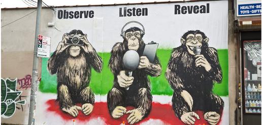 Ron English painted a version of the three wise monkeys focused on the tools of journalism