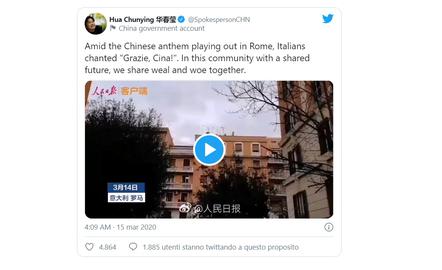 Though the subjects had actually been cheering for Italian health personnel, the fake story was amplified on Twitter - including by the spokeswoman of the Chinese embassy in Rome