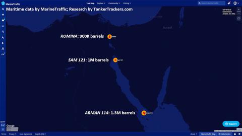 Based on satellite imagery, the website Tanker Trackers reports a fleet of Iranian crude oil tankers are on the way to Syria via the Suez Canal