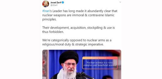 «محمدجواد ظریف» وزیر امور خارجه جمهوری اسلامی ایران فتوای آیت الله «علی خامنه ای» درباره حرام بودن تولید، نگهداری و استفاده از سلاح اتمی را همراه اظهارات او در توییتر خود منتشر کرد