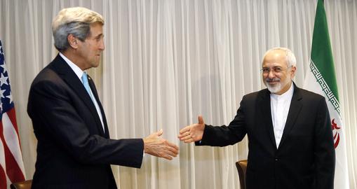 John Kerry and Javad Zarif go to shake hands