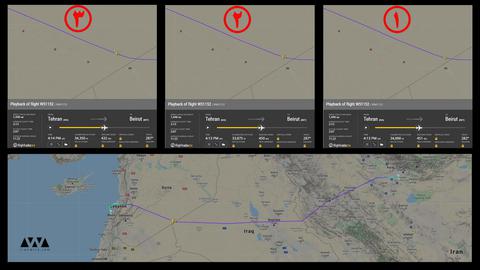 این تصاویر نشان دهنده اطلاعات پرواز ایرباس آ310-304 شرکت هواپیمایی ماهان است که به محض نزدیک شدن به حریم هوایی سوریه مورد رهگیری جنگنده های آمریکایی واقع شد.