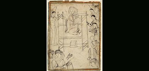 طرحی با جوهر سیاه از حضرت محمد نشسته بر مسند، ایران، قرن ۱۴. STAATSBIBLIOTHEK ZU BERLIN