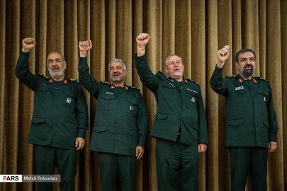 Hossein Salami, left, the new commander of the IRGC, and three of his predecessors chant "Death to America"