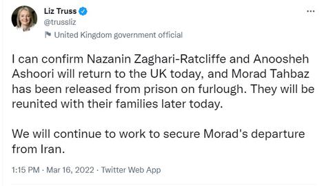 Nazanin Zaghari-Ratcliffe and Anousheh Ashoori Return to UK; Morad Tahbaz on Furlough