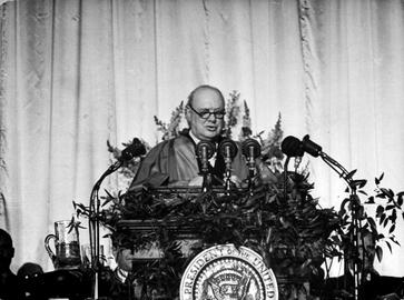 Former British Prime Minister Winston Churchill delivers his "Iron Curtain" speech in Fulton, Missouri