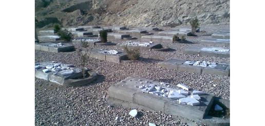 The Semnan Baha’i cemetery after it was vandalized in February 2009. Approximately 50 gravestones were destroyed and the mortuary building was set on fire.