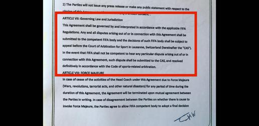 Page 9 of the contract between Marc Wilmots and Iran’s Football Federation specified that FIFA has the power of arbitration in any disagreement between the two sides