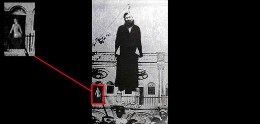 همانطور که در گوشه این عکس مشخص است در سال ۱۲۸۸ هجری شمسی این عجوزه سیاسی در اعدام سرباز ولایت شیخ فضل الله نوری نقشی پر رنگ بازی کرد و پس از اعدام این عزیز به پایکوبی پرداخت.