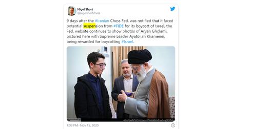 British chess champion Nigel Short, who co-tabled a motion that threatened Iran with suspension, called the warning a "yellow card" to the Islamic Republic