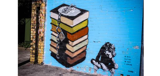 Camo's depiction of books denied to a young child in Sydney