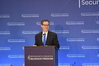 US Ambassador at Large for International Religious Freedom Sam Brownback delivers remarks at the Ministerial to Advance Religious Freedom at the U.S. Department of State in Washington, D.C. on July 24