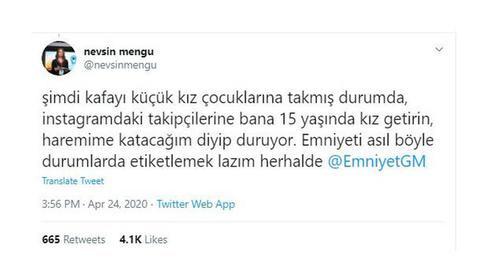 Nevsin Mengu, an influential Turkish journalist, protested on his Twitter account against Tataloo's Instagram stories
