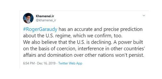 توییتر انگلیسی آقای خامنه‌ای سه توییت مجزا درباره روژه گارودی داشته و از هشتگ «آزادی بیان» برای یکی از این توییت‌ها استفاده کرده که در آن به مفهموم آزادی بیان در فرانسه طعنه زده است