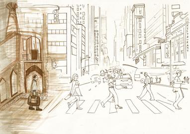 Deconstructing the village of Nayriz and reconstructing Manhattan. Drawing by Simina Rahmatian